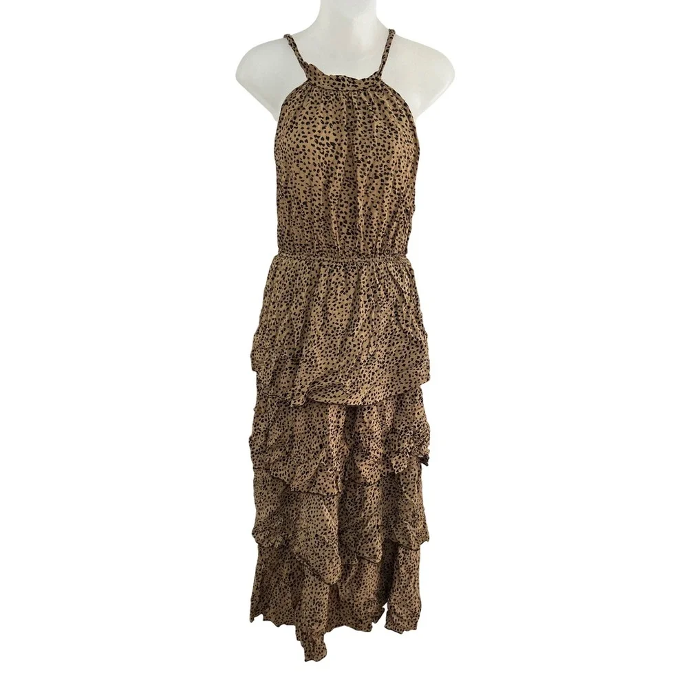 Ace Fashion Halter Maxi Dress Tiered Ruffle Animal Print Sleeveless large - Picture 1 of 8